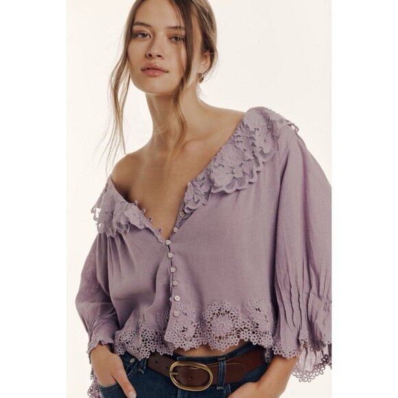 NWT Size S - By Anthropologie Linen Blend Lace-Collar Blouse (NWT US$ 128) - Picture 1 of 16